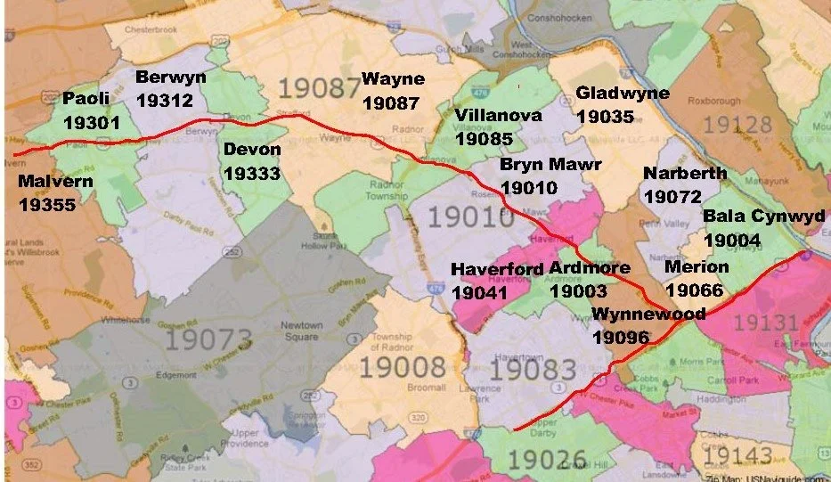 Map showing zip codes and towns in Radnor Township, Pennsylvania, with a marked red route passing through multiple areas including Paoli, Berwyn, Wayne, Villanova, Bryn Mawr, Narberth, Bala Cynwyd, Merion, Wynnewood, Haverford, Ardmore, Devon, Malvern, and Newtown Square.