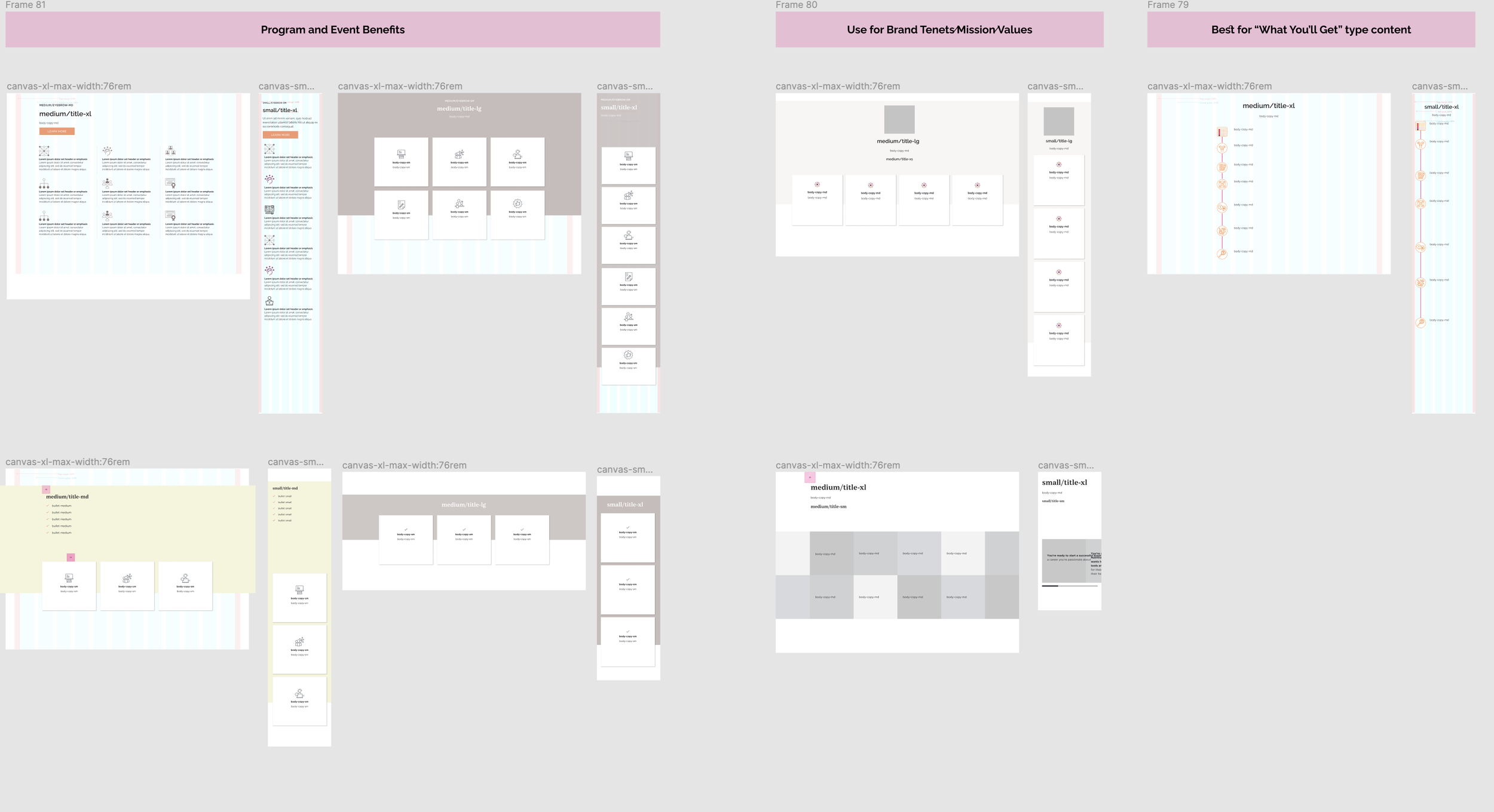 Sample of modules designed for "Benefits Listings" a core content type used for Program or Course Landing Pages and Sales Pages. Intended use included to provide some guidance about what modules to use when.