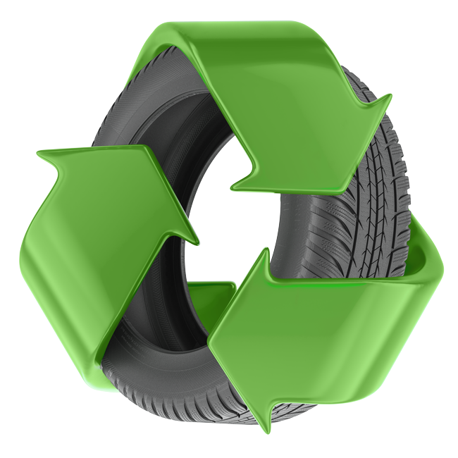 Graphic of a car tyre wrapped in a green recycling symbol