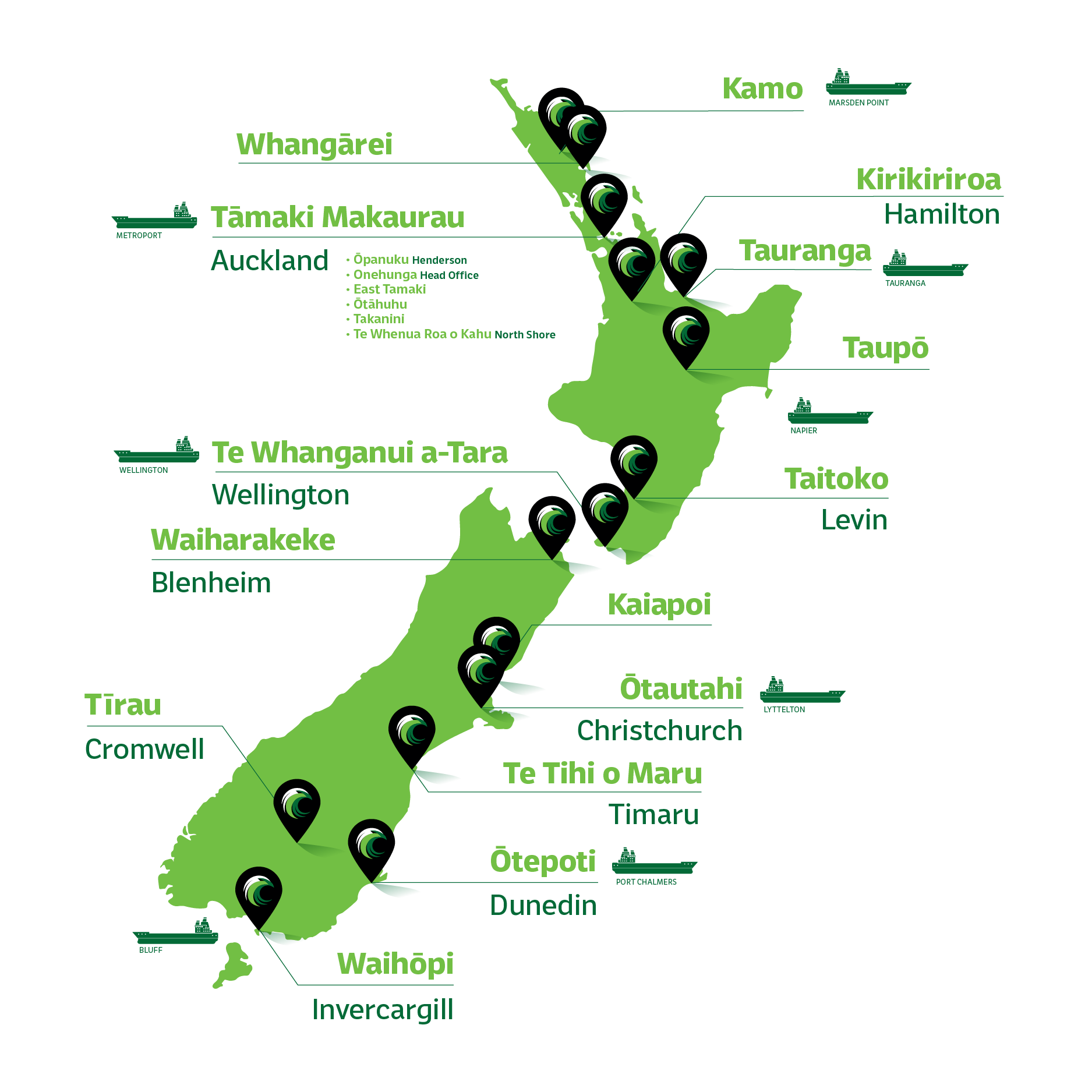 NZ map showing Phoenix Metalman recycling centre locations