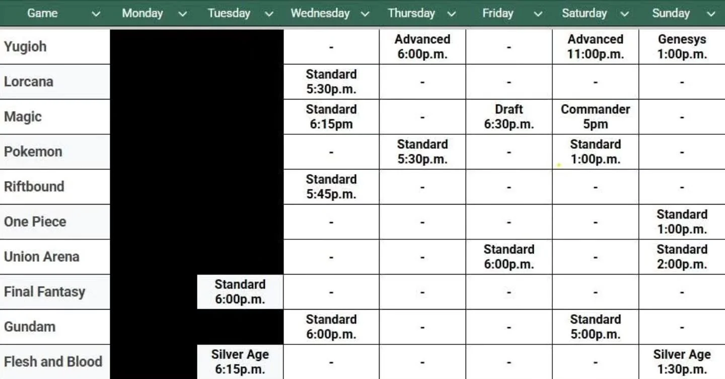 Alright everyone, we are finally posting up our scheduled list of tournaments! (Some are tentative, as we have not been given the necessary products)

Below is the table of tournaments which have the days/times that we will be running, with some exce