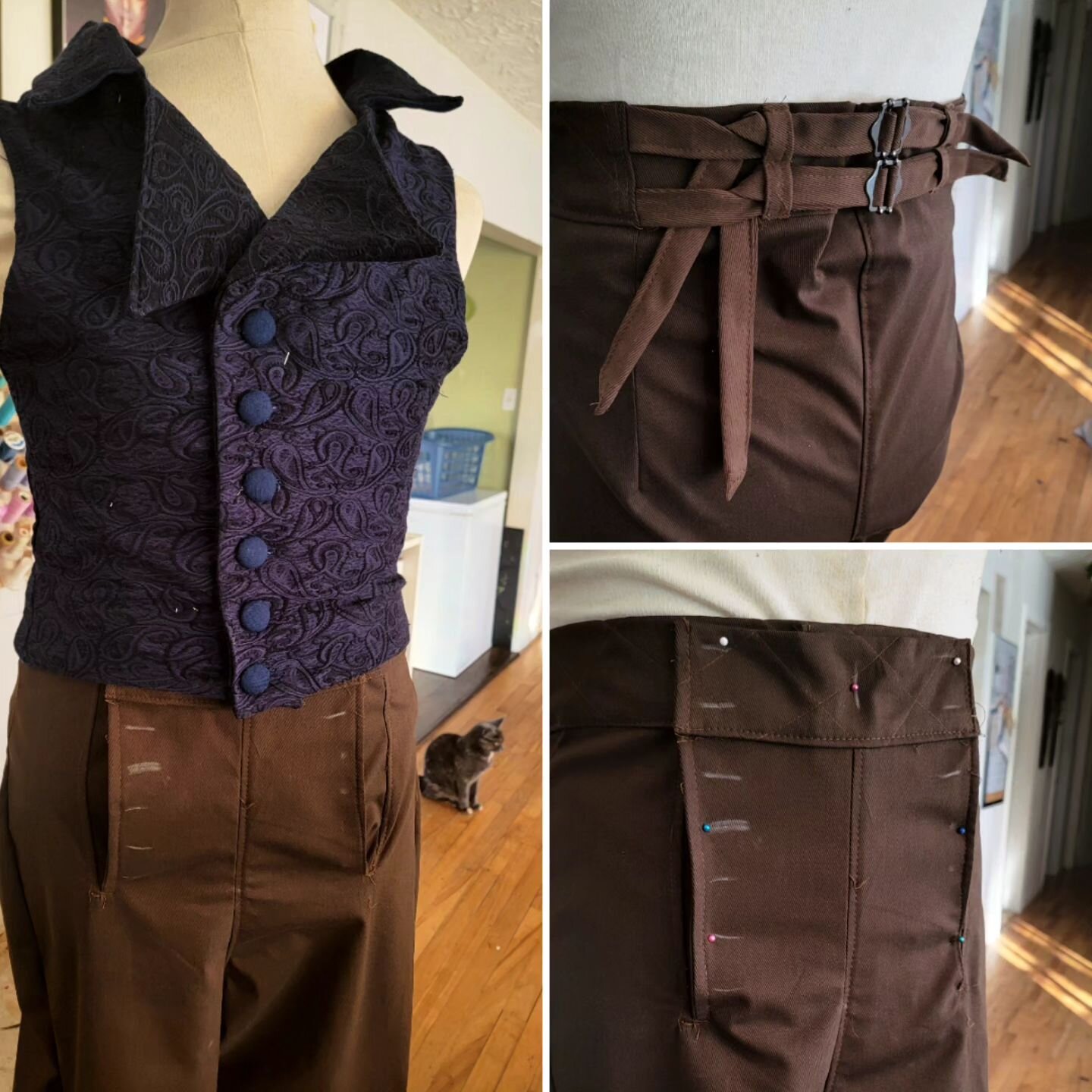 #workinprogress  of a regency outfit  in this dashing navy paisley with brown twill breeches 

#customorder  #regencyoutfit