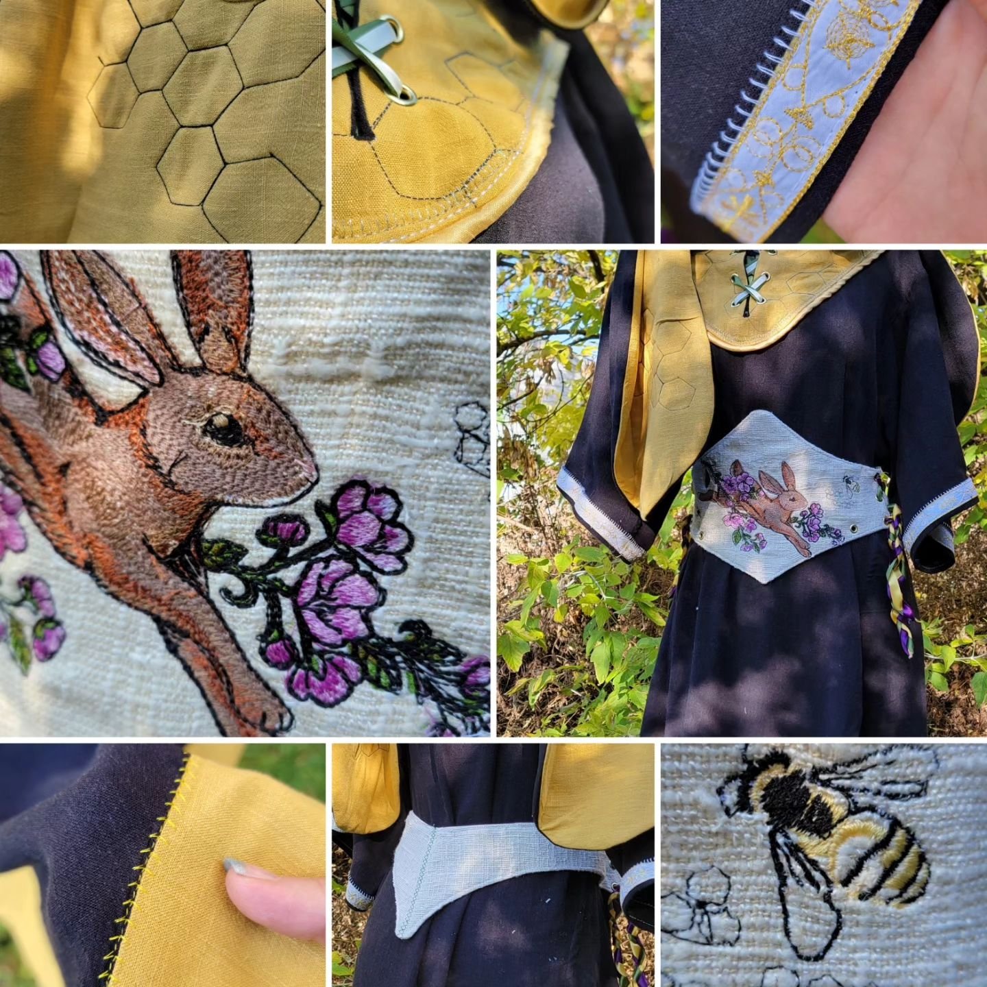 A  customized order by #valrok for an adorable cross over character concept  as a Honey Bun ✨️🐇🍯🐝 featuring the most bunnyful  ears lightly stuffed with felt on a lined hood with pointy middle, embroidered laced up belt with a jumping hare surrpun