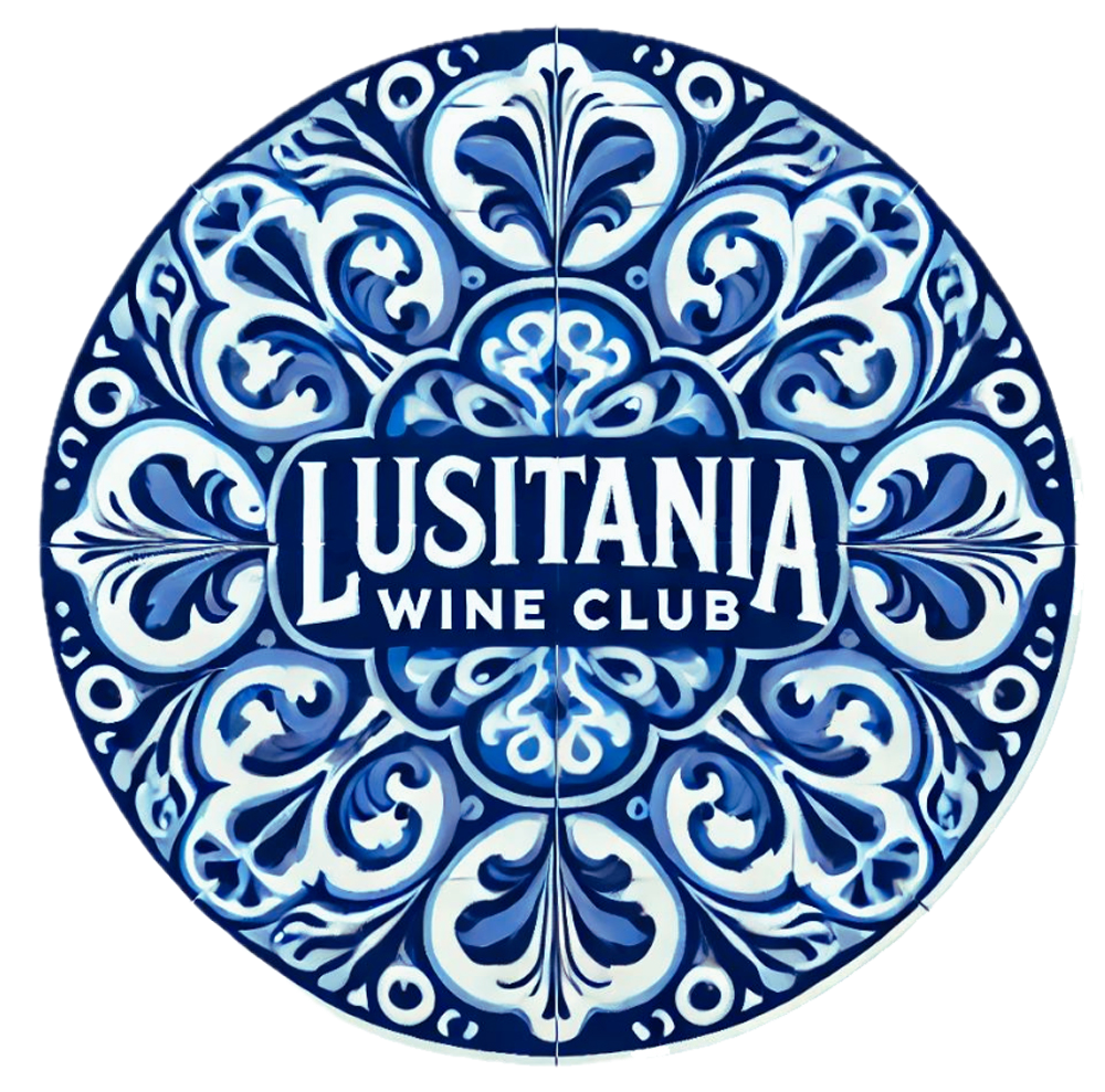 A circular decorative sign with blue and white ornate floral and scroll patterns, displaying the text "Lusitania Wine Club".