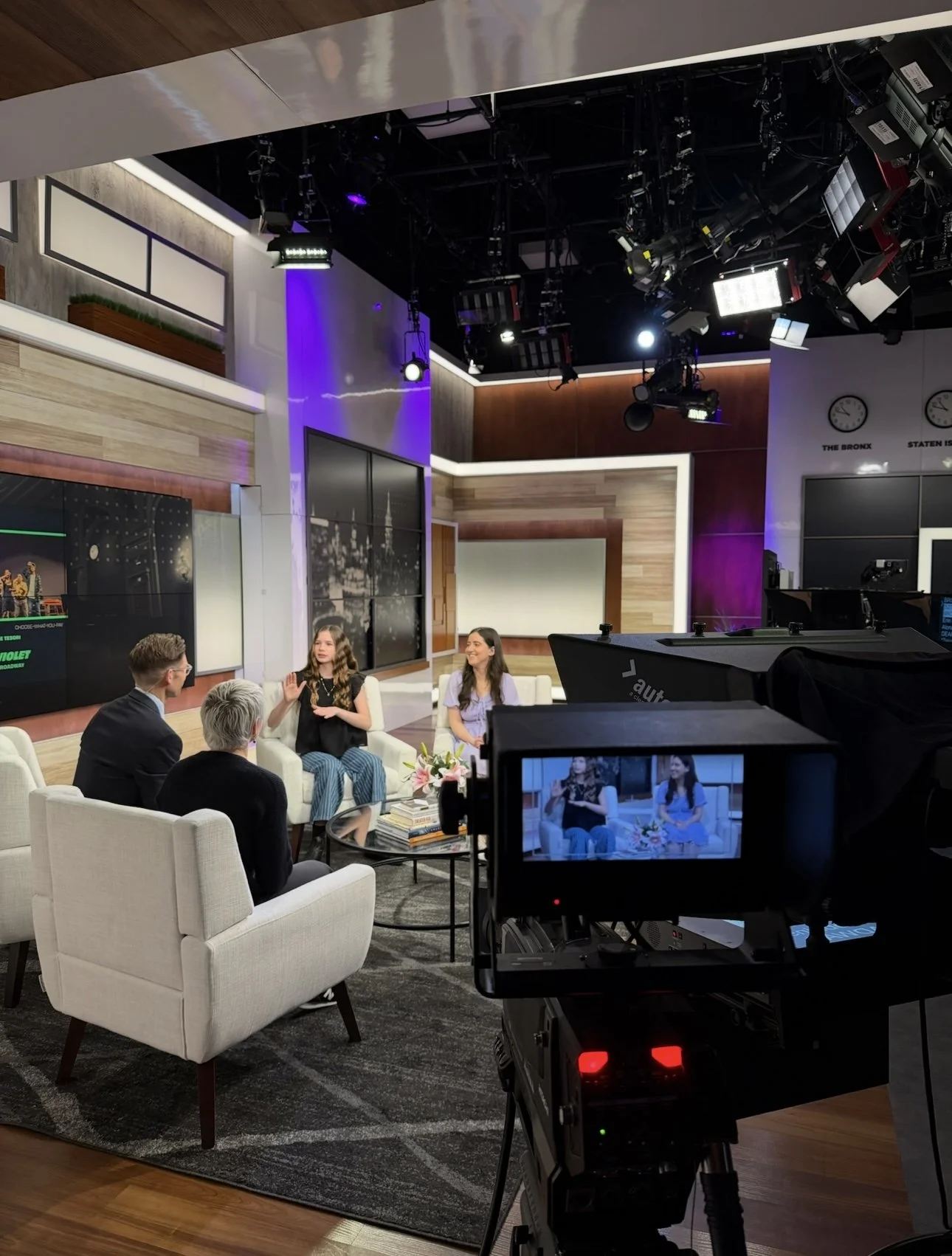 Erin on the set of news channel NY1 being interviewed about playing Violet in Deaf Broadway's "Violet" at Lincoln Center