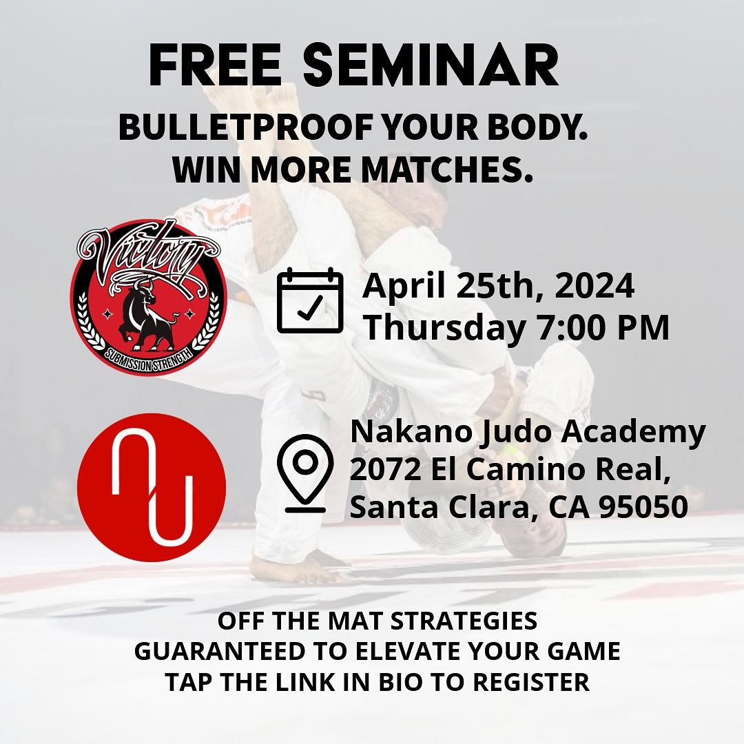 📢 Back at it again! Very pleased to announce that we&rsquo;ll be presenting our signature seminar: Bulletproof Your Body. Win More Matches. @nakano.judo.academy on April 25th at 7PM! This is open to ALL! You do NOT need to be a member of Nakano Judo