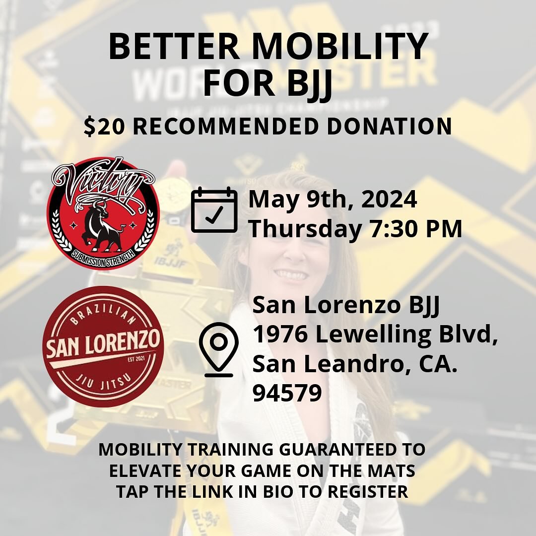 We&rsquo;re headed back to @sanlorenzojiujitsu on Thursday, May 9th, 2024 to do a deep dive on building better mobility for BJJ.
&bull;
Mobility has proven to be the thing most grapplers need, but know the least about so I cannot wait to share these 