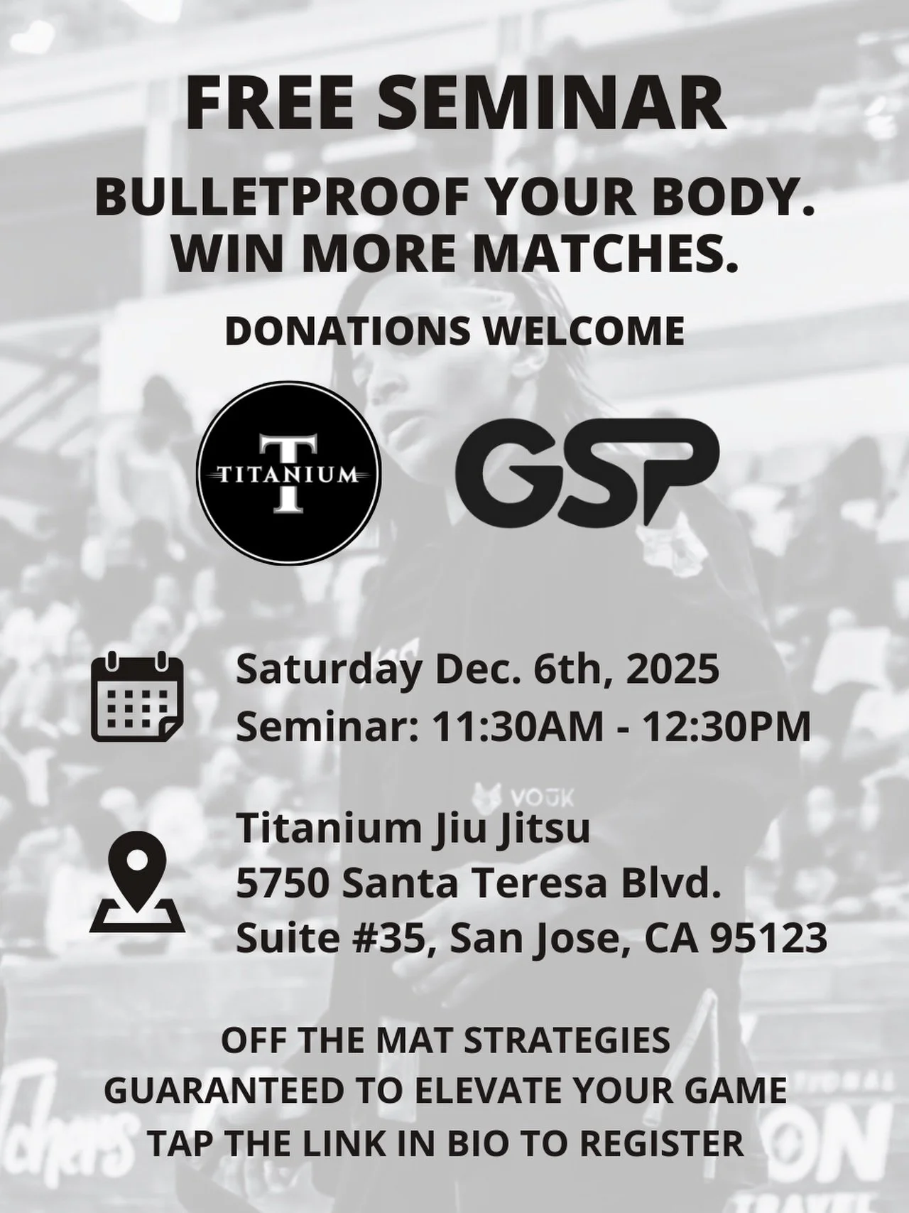 📢 Back at it again! Very pleased to announce that we&rsquo;ll be presenting our signature seminar: Bulletproof Your Body. Win More Matches. @titaniumjiujitsu on December 6th at 11:30 AM! This is free and open to ALL! You do NOT need to be a member o