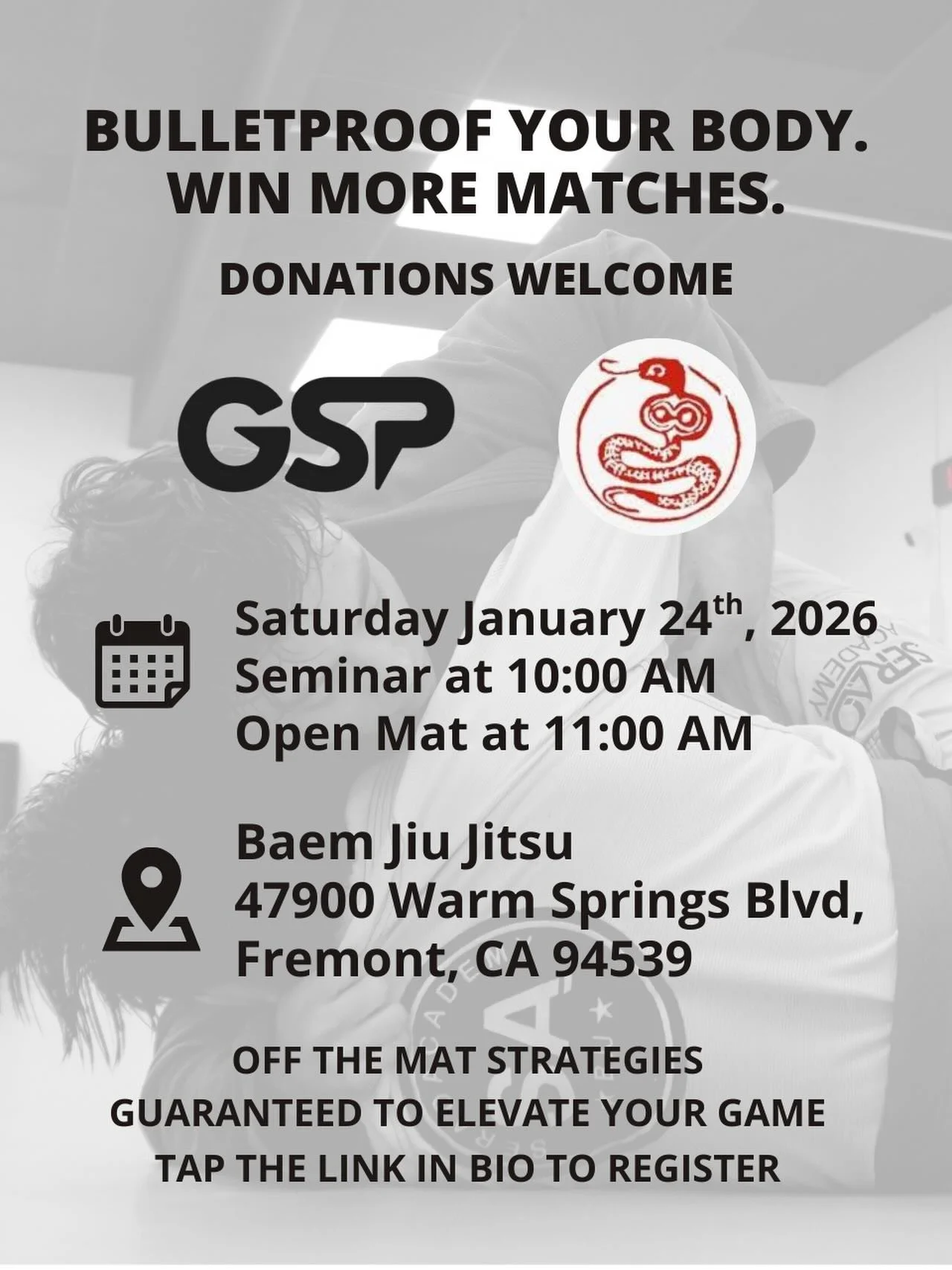 📢 Back at it again! Very pleased to announce that we&rsquo;ll be presenting our signature seminar: Bulletproof Your Body. Win More Matches. @baemjiujitsu on January 24th at 10 AM! Open mat to follow. This is free and open to ALL! You do NOT need to 