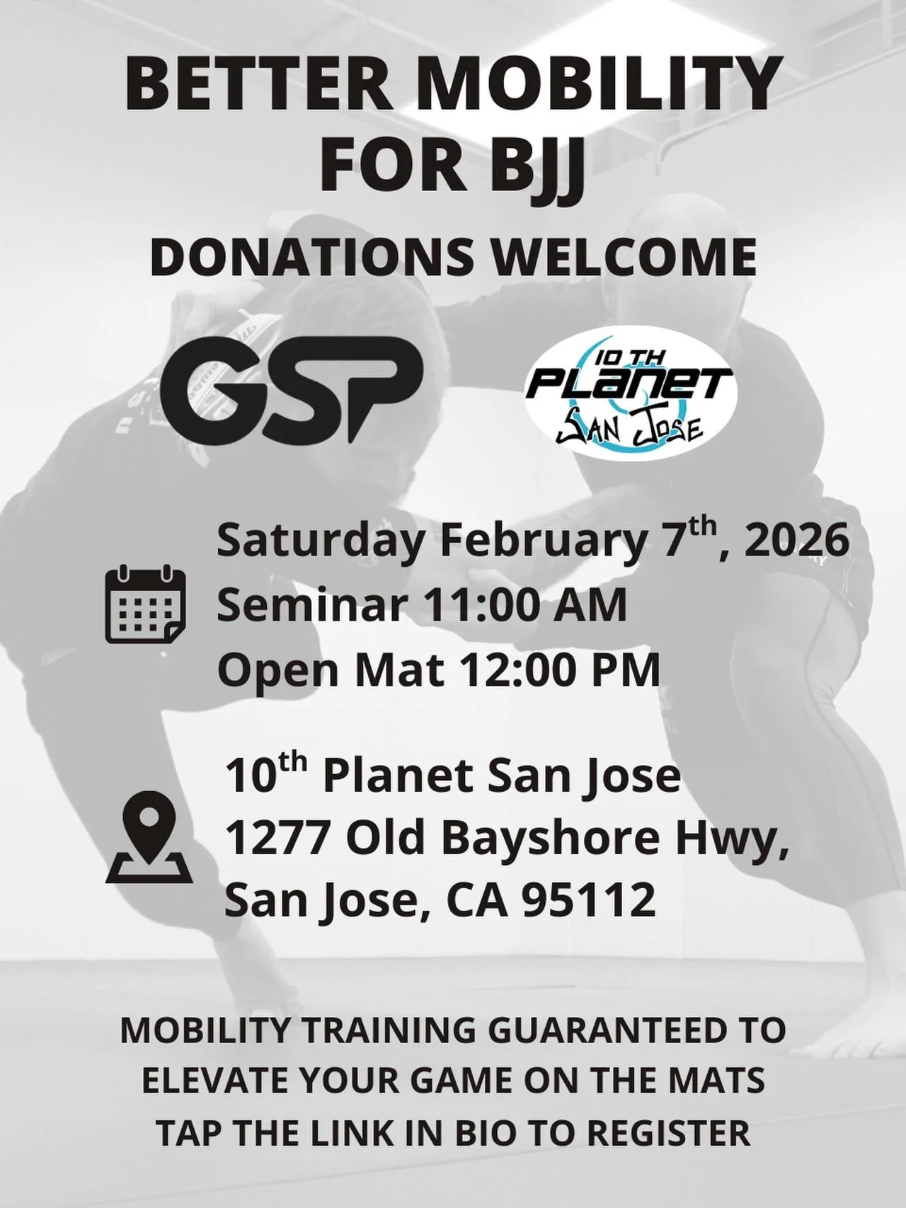 We&rsquo;re headed back to @10psanjose on Saturday, February 7th to do a deep dive on building better mobility for BJJ.
&bull;
Mobility has proven to be the thing most grapplers need, but know the least about so I cannot wait to share these technique