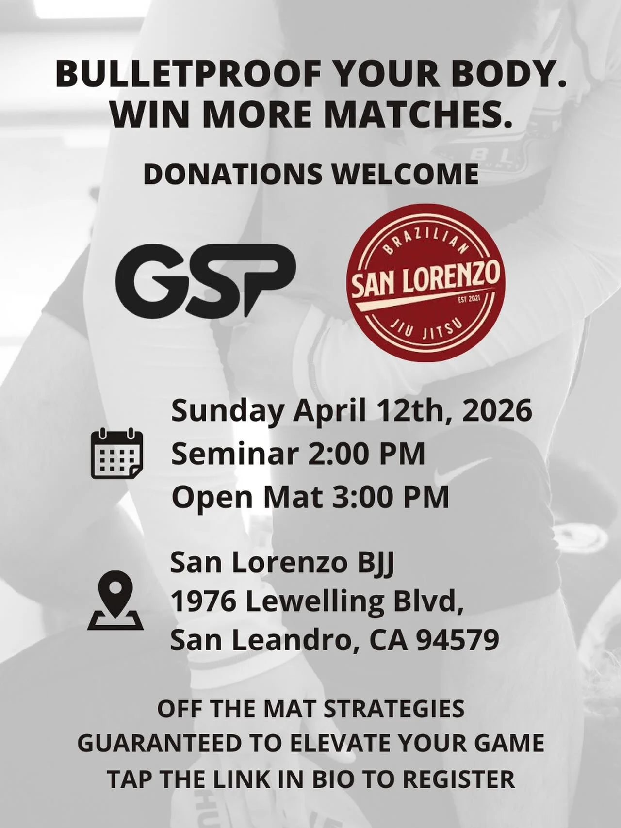 📢 Back at it again! Very pleased to announce that we&rsquo;ll be presenting our signature seminar: Bulletproof Your Body. Win More Matches. @sanlorenzojiujitsu on April 12th at 2 PM! Open mat to follow. This is free and open to ALL! You do NOT need 