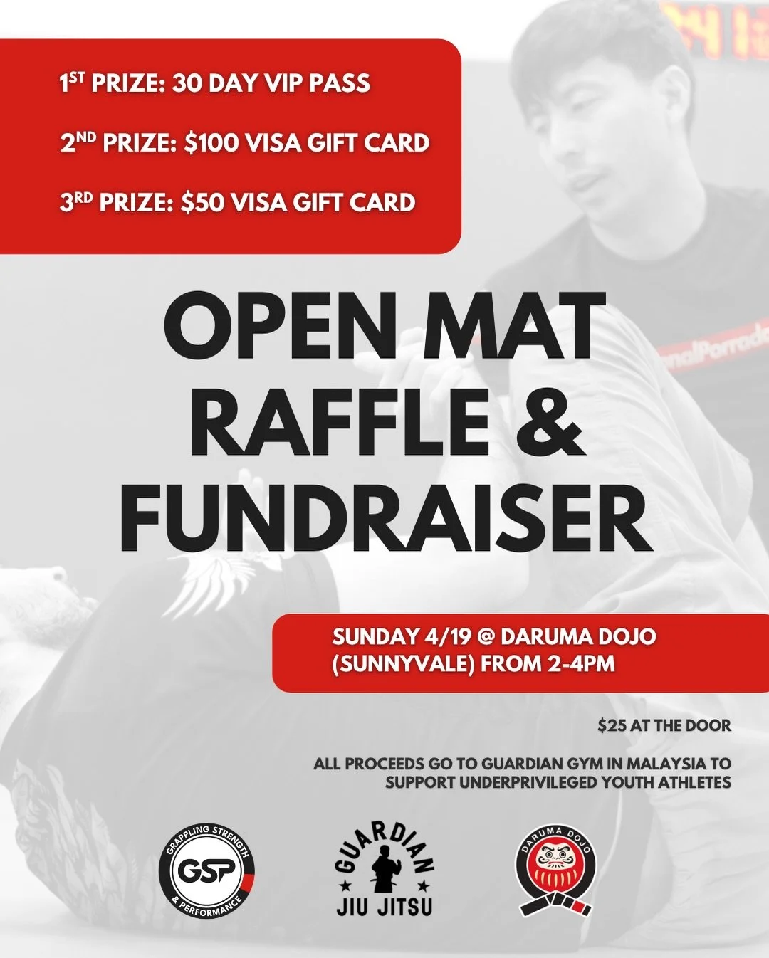 Sunday 4/19 from 2-4pm we&rsquo;re going to be hosting a fundraiser and raffle at @teamdarumadojo in SUNNYVALE!
&bull;
It&rsquo;s an open mat and all GSP members, Daruma Dojo members, as well as their friends, family, and training partners are welcom