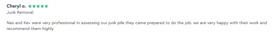 Customer review for junk removal service with five-star rating and positive comments