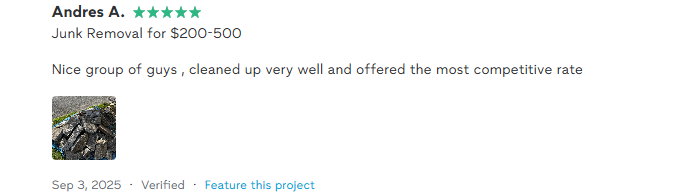 Review from Andres A. for junk removal service, dated September 3, 2025, with a small, blurry image of a pile of debris or junk.