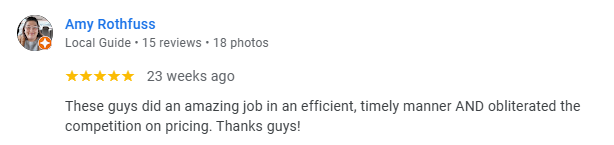 Screenshot of an online review by Amy Rothfuss for a local guide, praising their efficient work and competitive pricing.