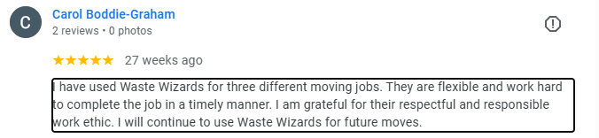 Screenshot of a Yelp review from Carol Boddie-Graham praising Waste Wizards for their flexible, hardworking, and responsible service.