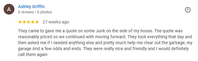 Screenshot of a Google review by Ashley Griffin with 5 stars, praising a quote on junk removal and a positive customer service experience.