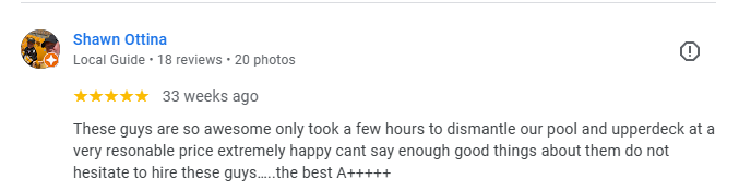 A screenshot of a Google review by Shawn Ottina praising a pool dismantling service.
