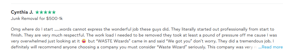 Online review for junk removal service by Cynthia J. praising the professionalism and quality of work.
