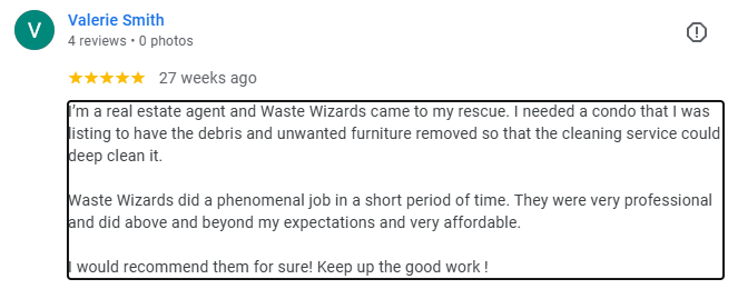 Screenshot of a positive review from Valerie Smith about Waste Wizards and a real estate agent, praising their professional cleaning service.