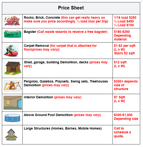 A price sheet listing demolition and construction services with prices. It includes rocks, bricks, concrete, bagster, carpet removal, shed, garage, decks, pergolas, gazebos, playsets, swing sets, treehouses, interior demolition, above ground pool demolition, and large structures. Prices vary by size and material.
