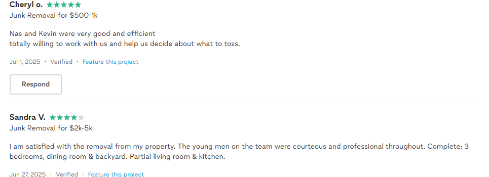 Reviews for junk removal services, mentioning Cheryl and Sandra, with ratings and comments about their professionalism and efficiency.