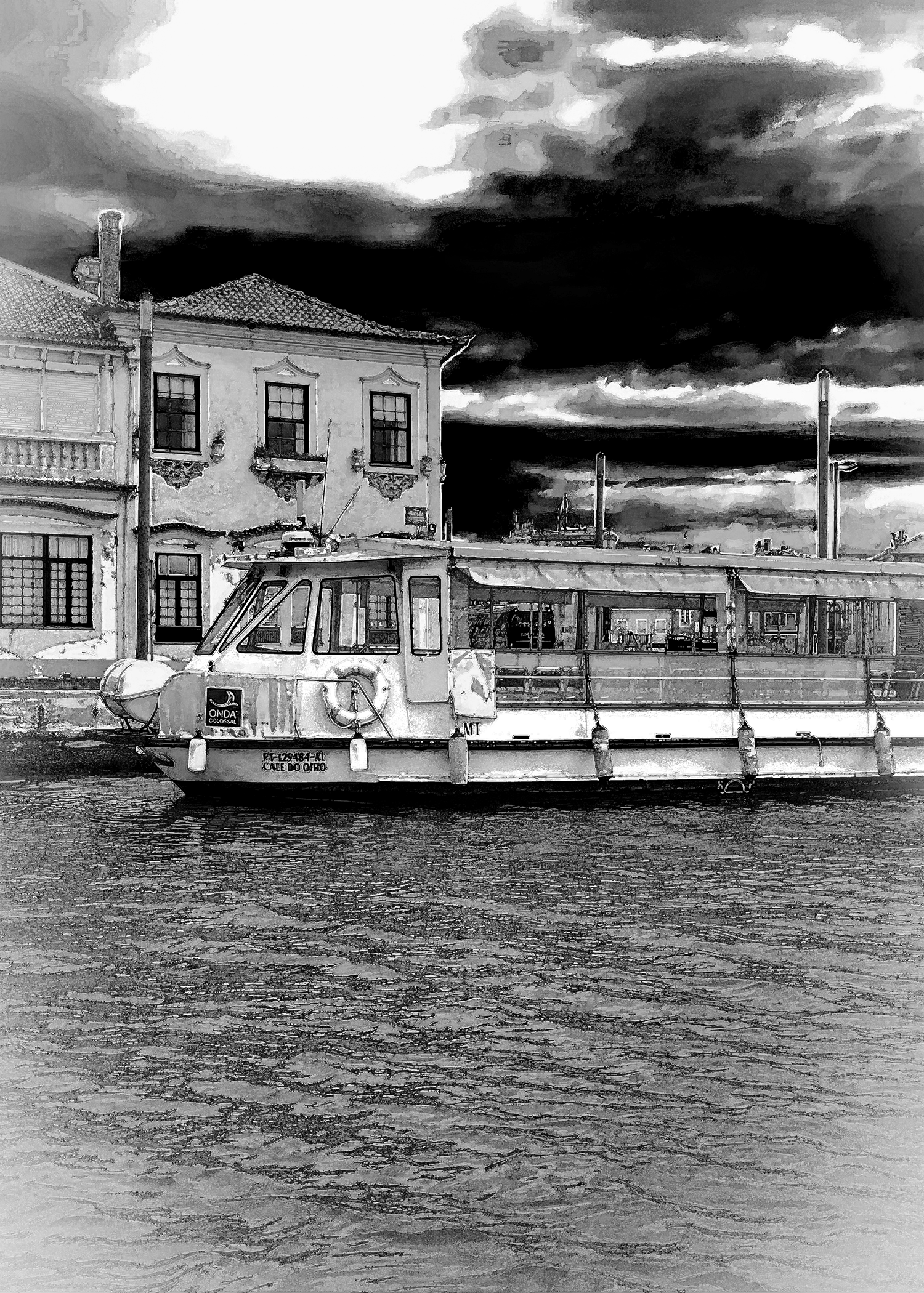 The artwork is a black and white photograph in Aveiro Portugal is capturing a boat docked by a waterfront near a building with classic architecture. The boat, detailed with windows and a life preserver on its side, is stationary in calm water. The bu