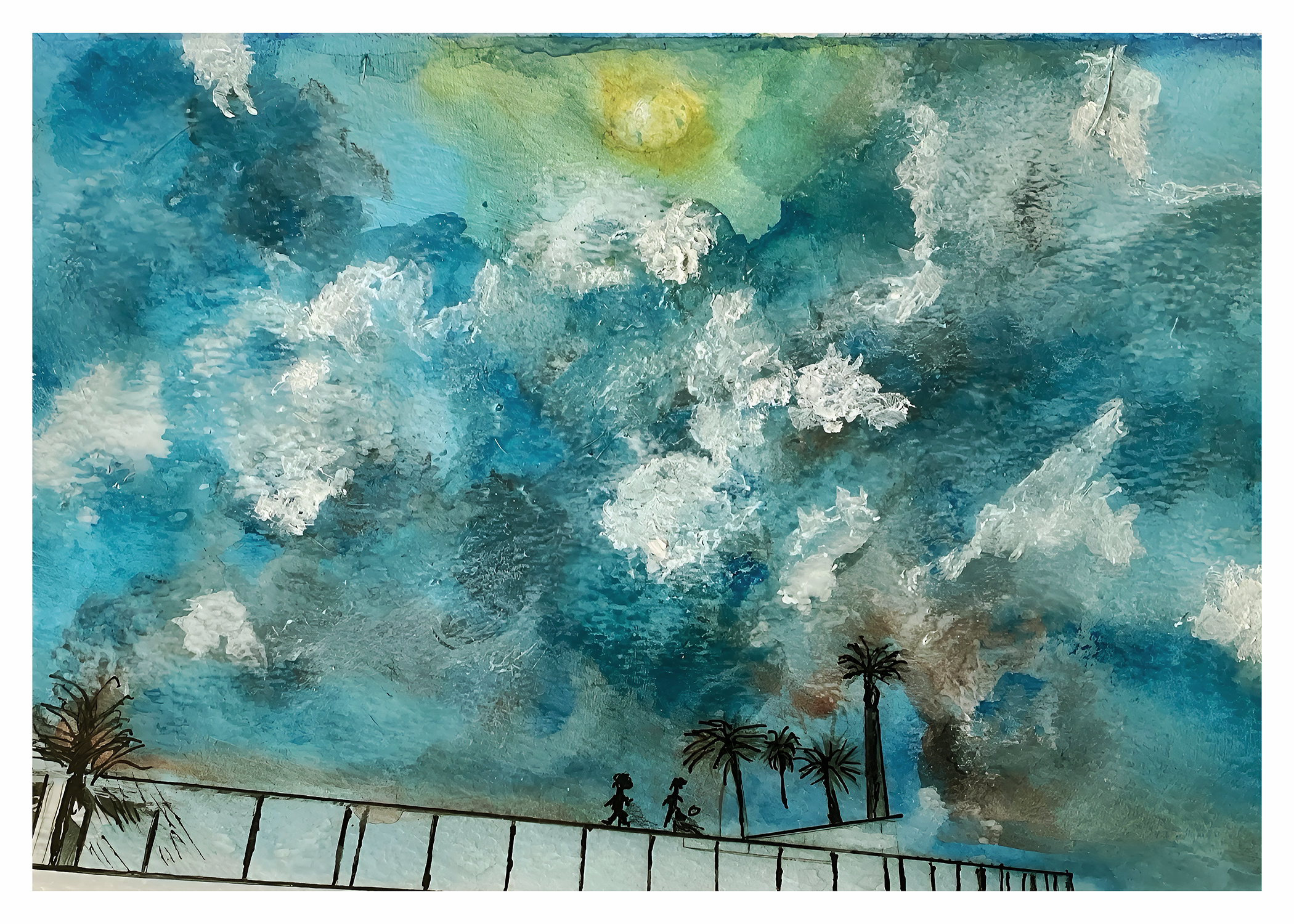 Tumoltuous Sky with  clouds and Choldren playing near pallm trees  in Watercolor, ink loose  Canvas and  print.