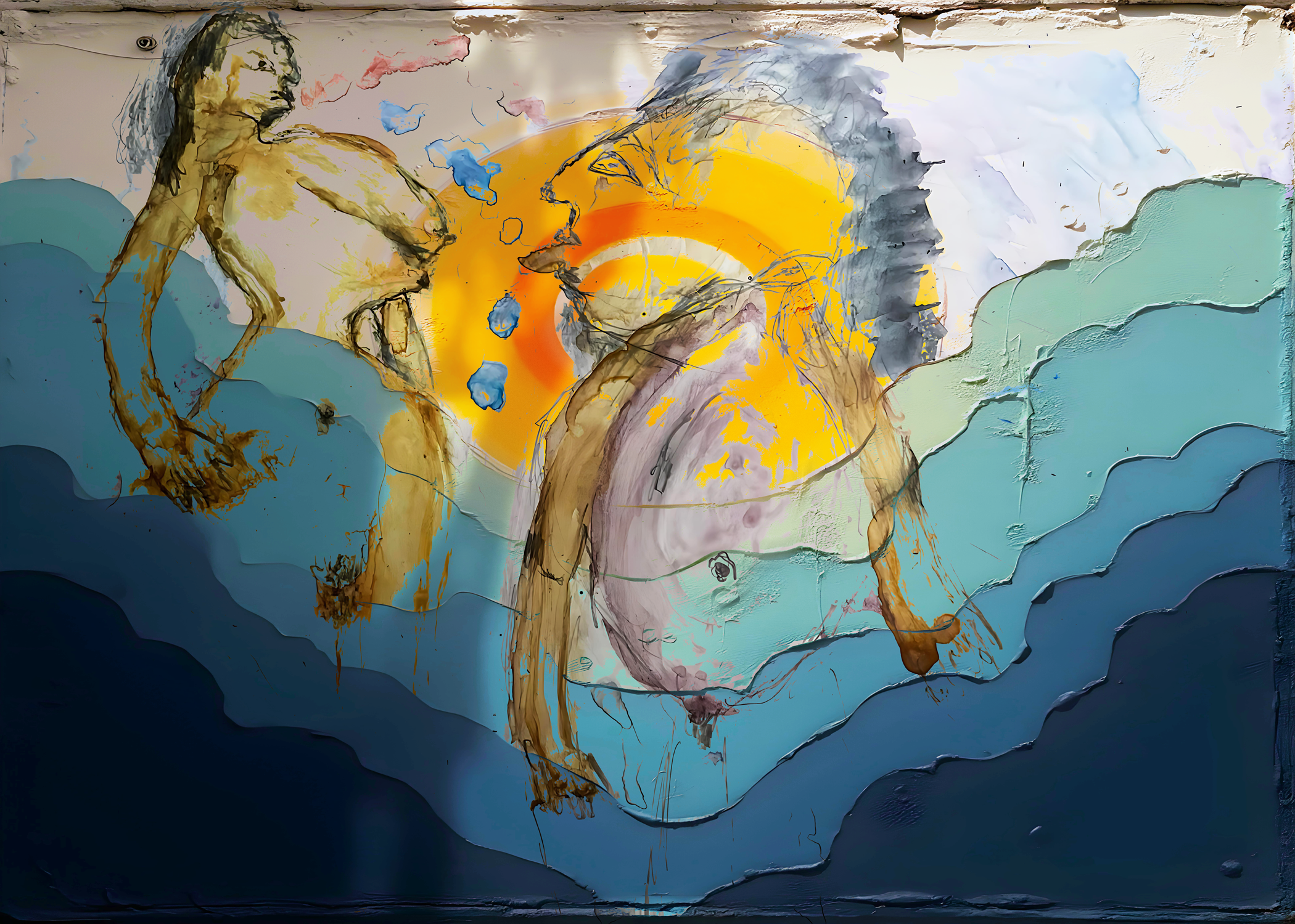 A Woman and a man having a conversation in the water with moving waves in Watercolor.