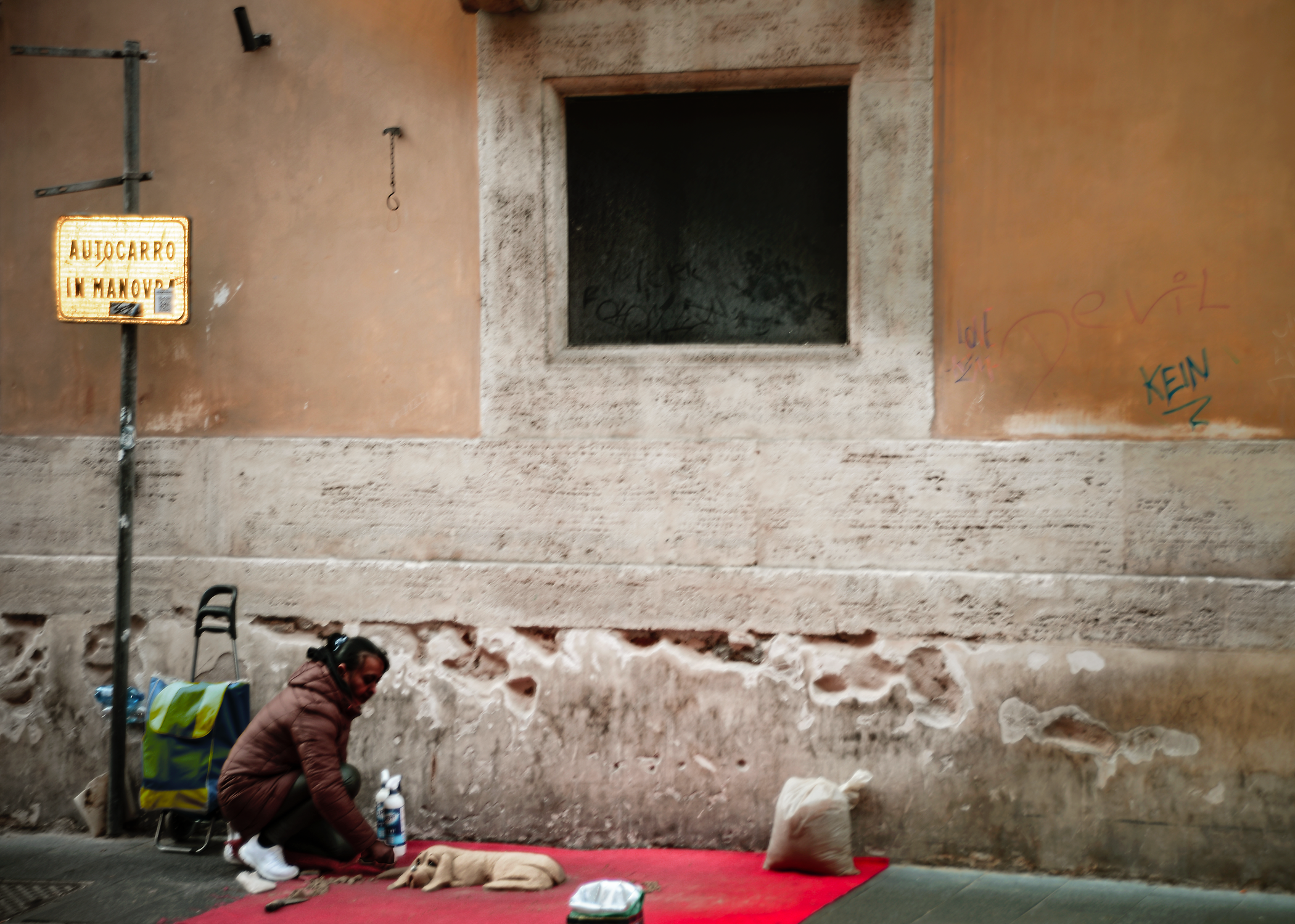 A woman seating on a city street close  to a  sad looking dog  both on a red linen.