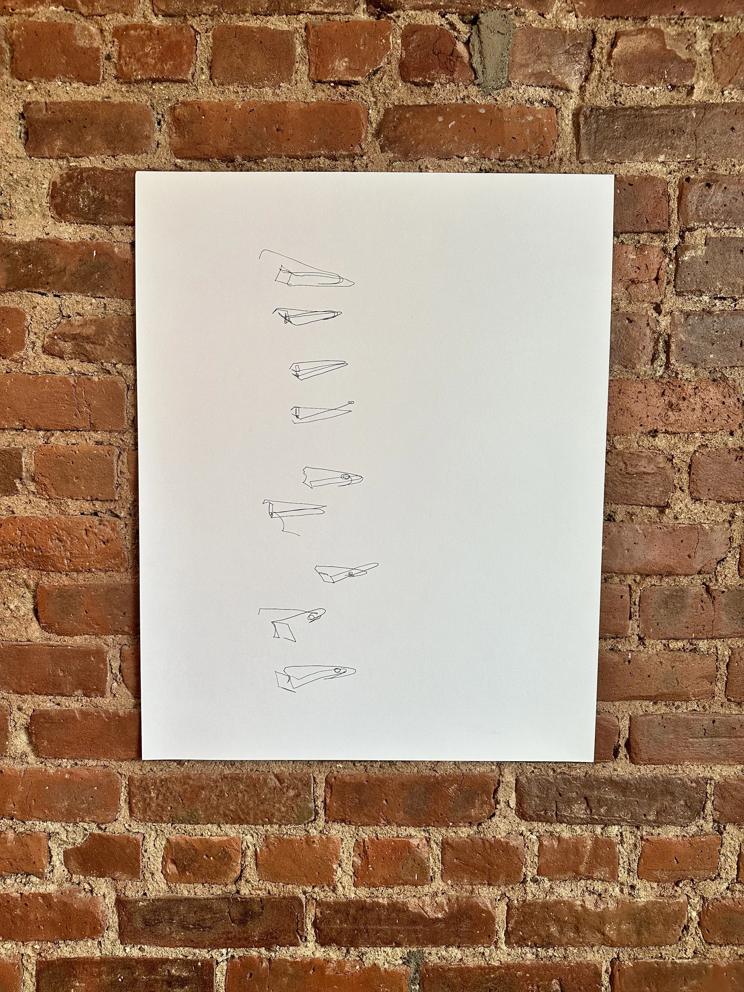 Line drawing of nine different types of knives on a white background, mounted on a brick wall.