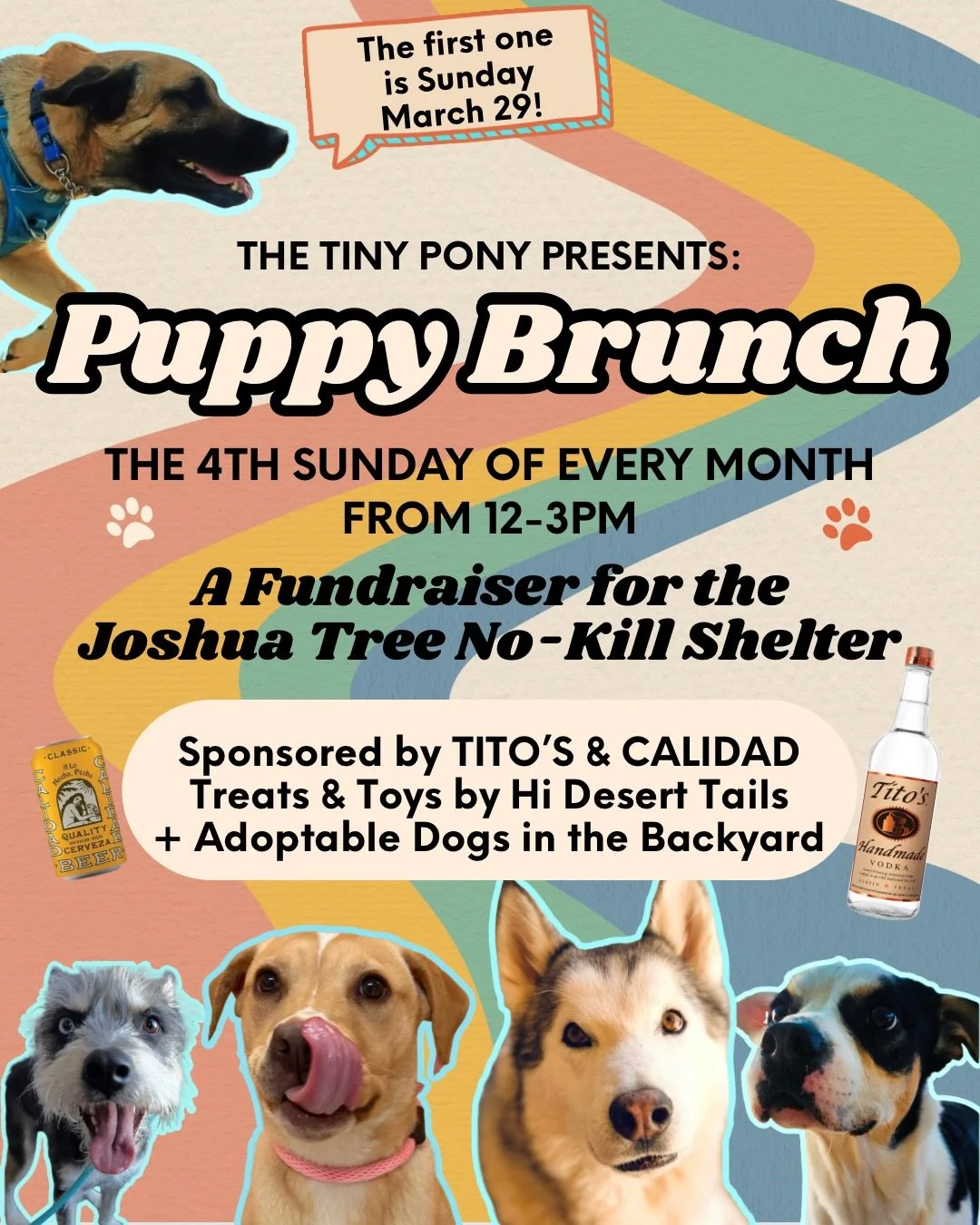 Monthly Puppy Brunches are HERE. Join us on Sunday March 29th, and on the 4th Sunday of every month, from 12-3pm to meet adoptable dogs and raise money for the Joshua Tree No-Kill Shelter.

Big Thanks to Hi Desert Tails and our drinks sponsors:
@cali