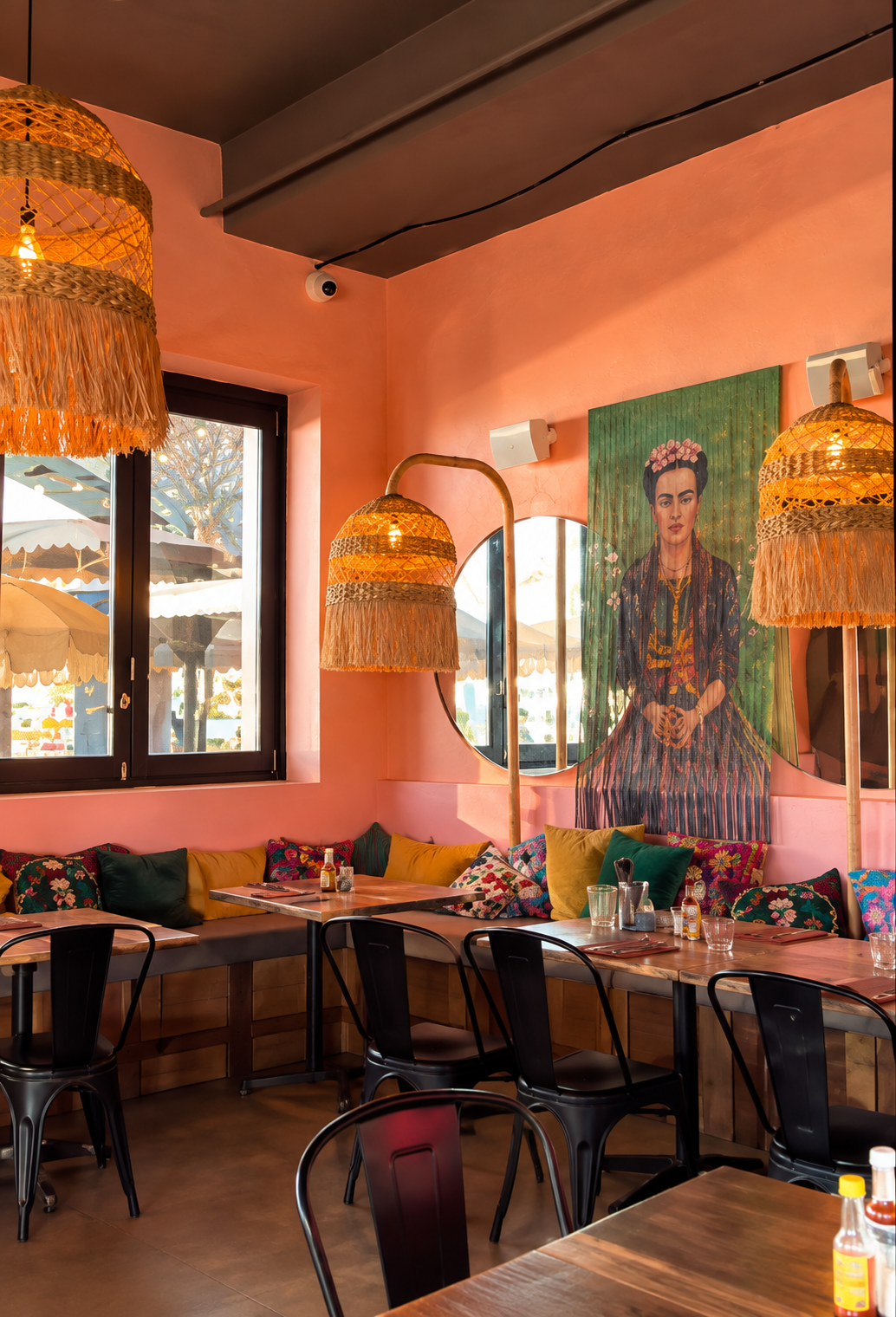 Interior of a colorful restaurant with pink walls, black chairs, wooden tables, decorative pillows, hanging wicker lamps, and a Frida Kahlo portrait on the wall, with outdoor umbrellas visible through the window.