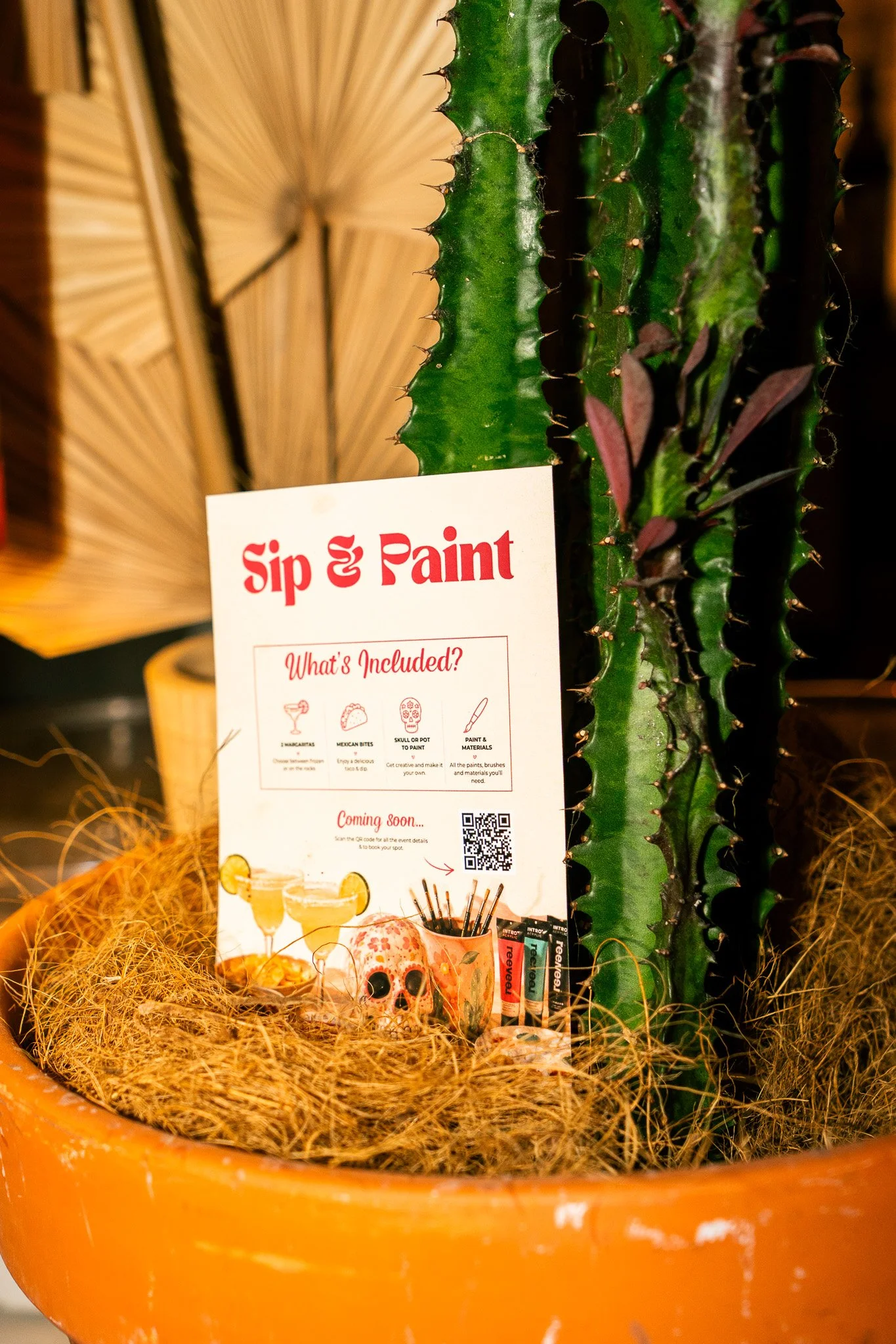 A cactus plant in a pot with a promotional sign for a paint and sip event that includes Mexican food, margaritas, and painting supplies, placed in a basket of natural straw-like material.