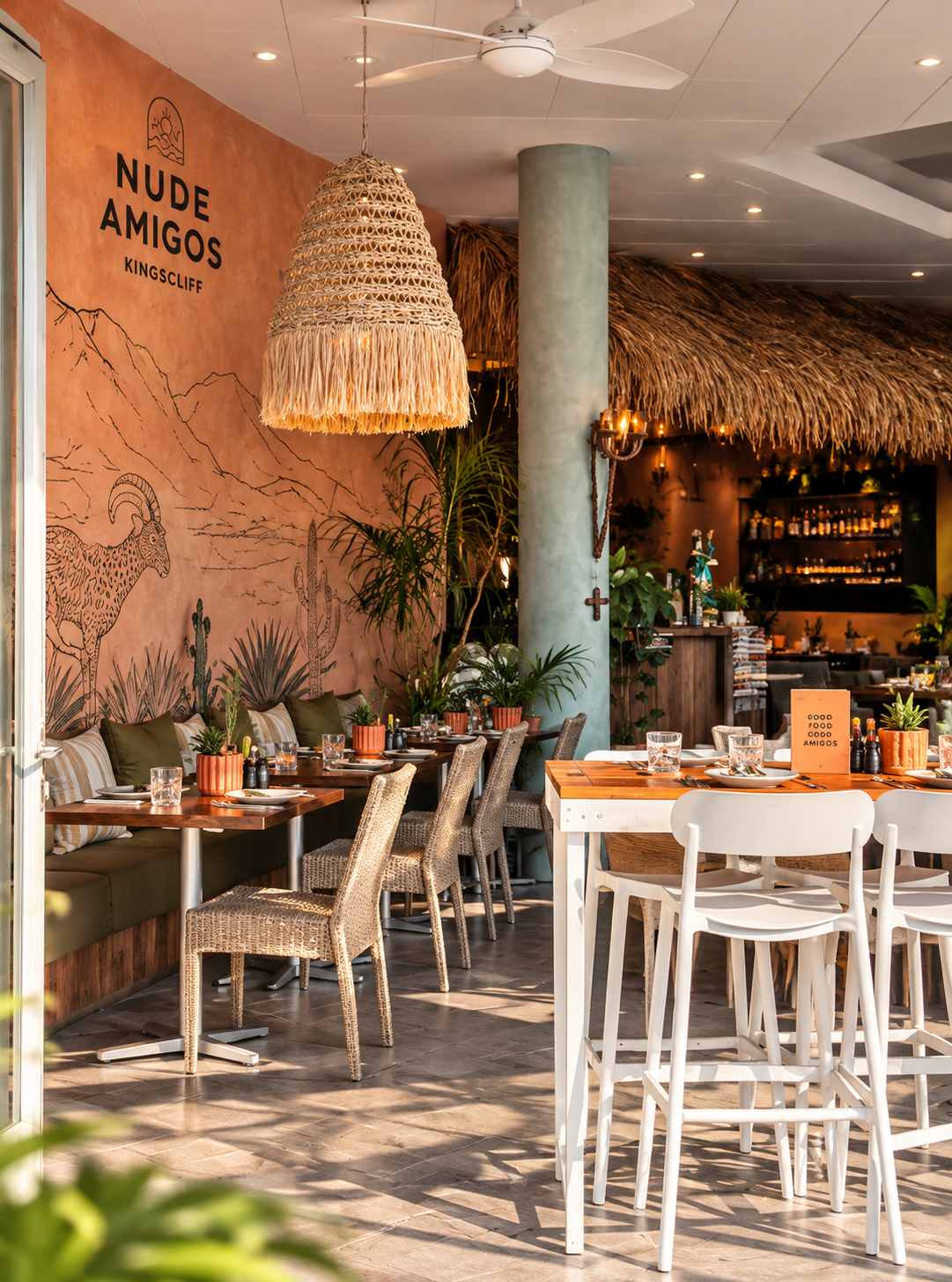 Interior of a restaurant with tropical decor, wooden tables, modern chairs, potted plants, a mural of a mountain goat and cacti on a pink wall, a large wicker pendant light, and a thatched roof decor in the background.