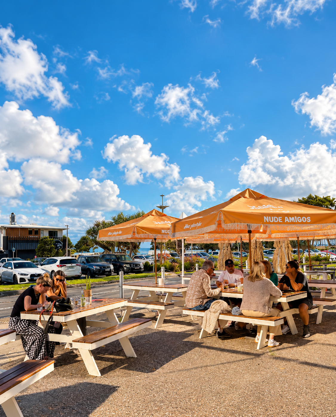 People sitting at picnic tables under orange umbrellas at an outdoor dining area on a sunny day with a clear blue sky and clouds. There are parked cars and a building in the background.