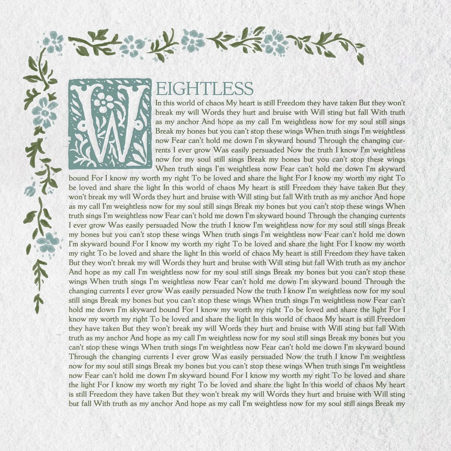 Weightless is a song about personal freedom and resilience. Its inspiration was drawn from literary gems; one being Emily Dickinson&rsquo;s poem, &ldquo;Hope is the thing with feathers&rdquo;. The second, a memoir called &ldquo; The Choice&rdquo; by 