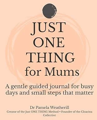 The cover of a book titled "Just One Thing for Mums" featuring a peach background, black text, and a small black circle at the top. The subtitle describes it as a gentle guided journal for busy days and small steps that matter, authored by Dr. Pamela Weatherill.