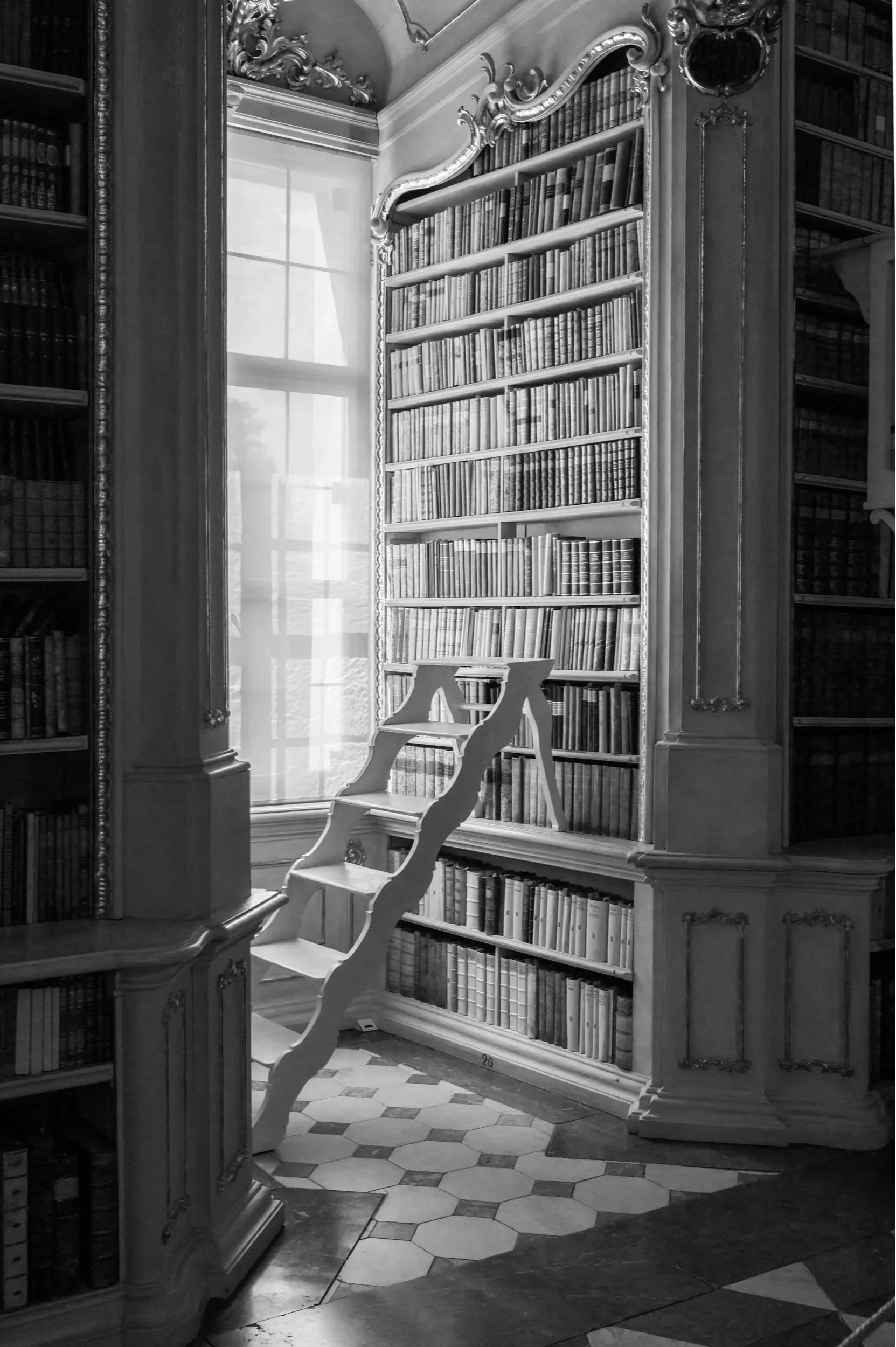 Black and white photo of a corner of a historic library with ornate woodwork, a tall window, and a bookshelf filled with books. A small white staircase leads to the top shelves.
