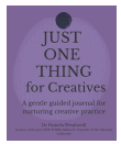 Purple booklet with black dot and text: 'Just One Thing for Creatives'.