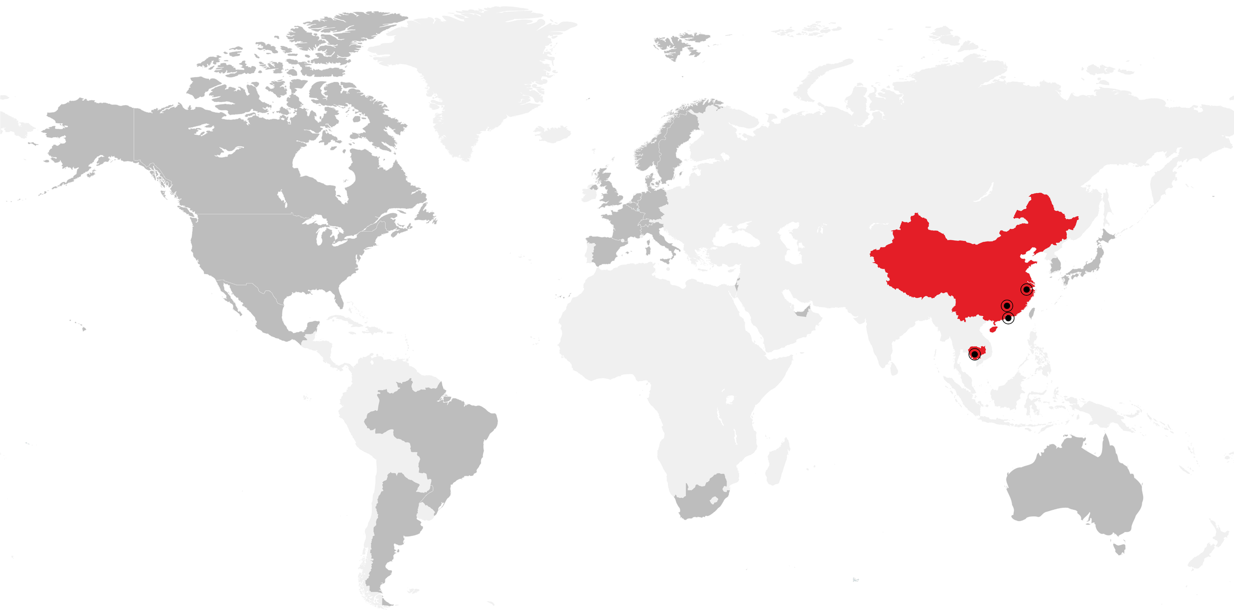 Map highlighting China and nearby islands in red, with marked locations on the continent.