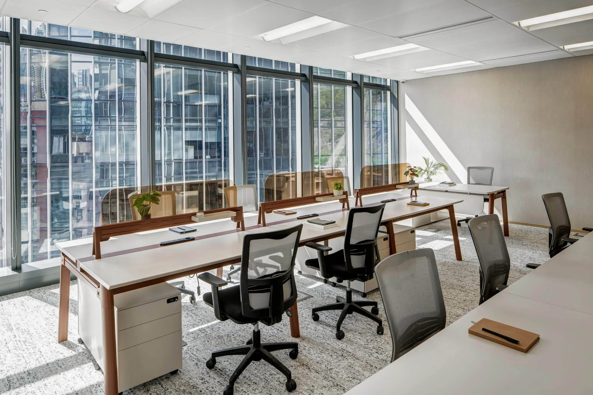 An office conference room with large glass windows showing modern city buildings outside. The room contains white desks with laptops, notebooks, and potted plants, and black and beige office chairs, with natural sunlight illuminating the space.
