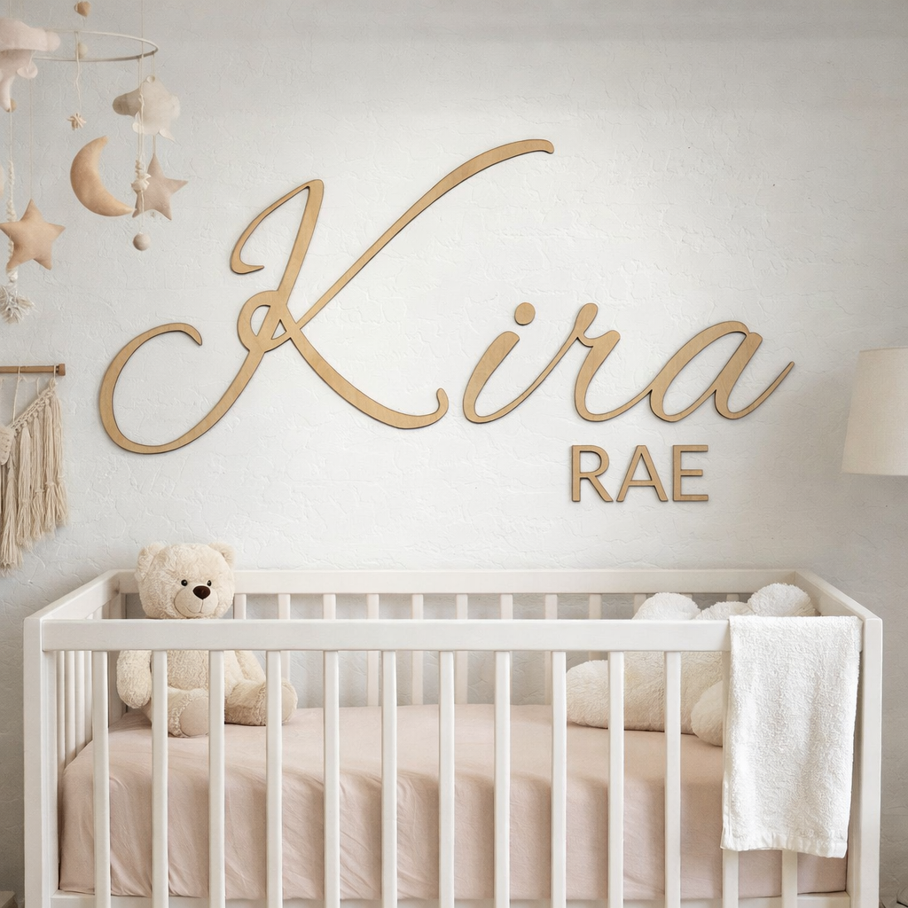 Baby crib with a teddy bear and stuffed animals, white wall with wooden name sign reading 'Kira Rae', and neutral-toned nursery decor.