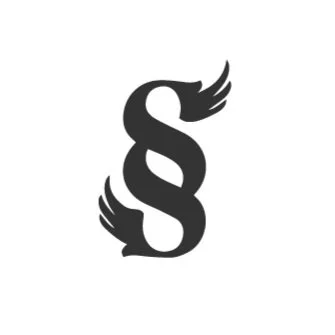 A black logo graphic of a stylized snake intertwined S monogram symbol, with wings at both ends.