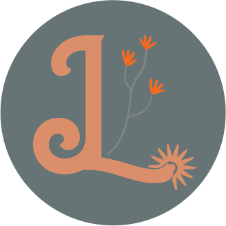 Stylized letter 'L' with floral elements on a gray background.