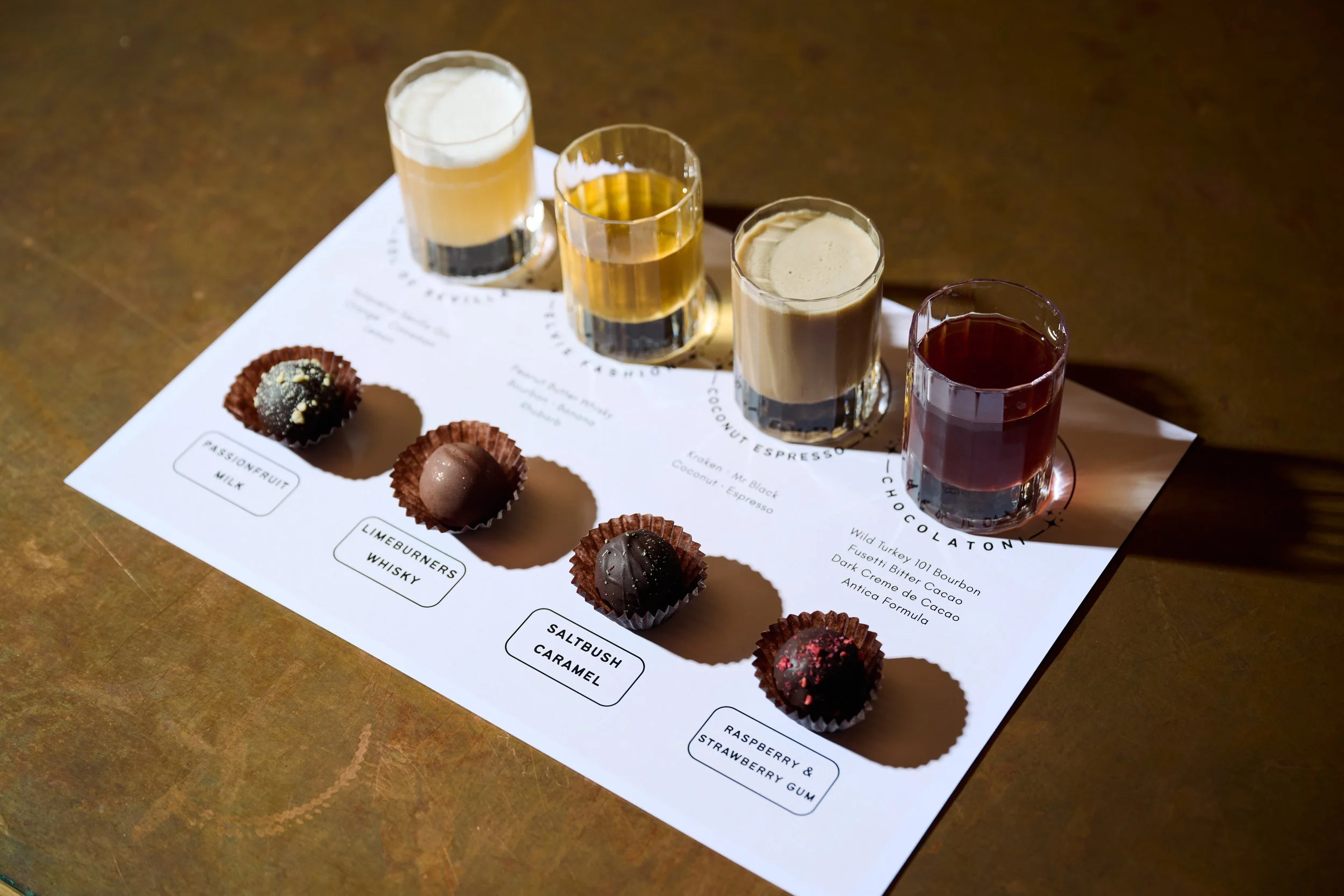 Chocolate truffles lined up with paired cocktails
