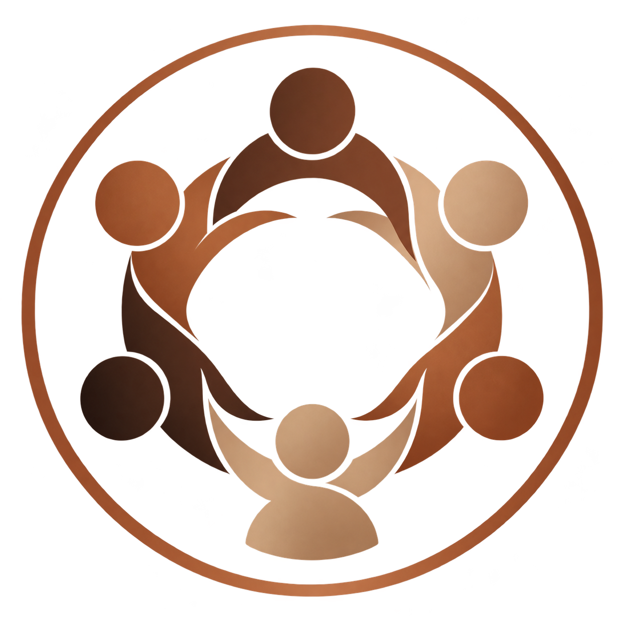 Diversity and inclusion image, depicting six stylized human figures holding hands, arranged in a circle, with a large ring around them, symbolising unity and community.