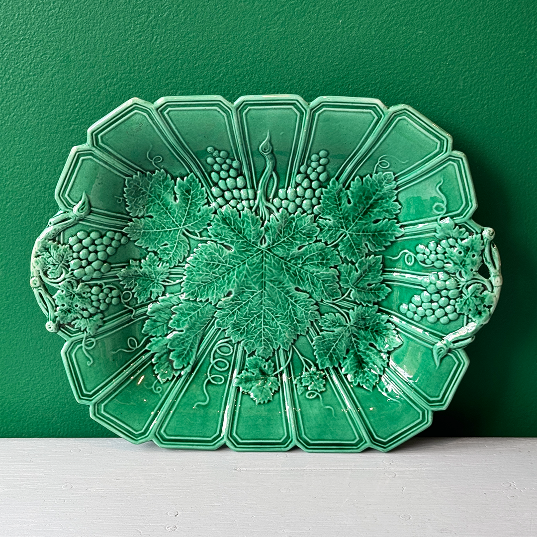 Vintage Majolica Handled Dish Green