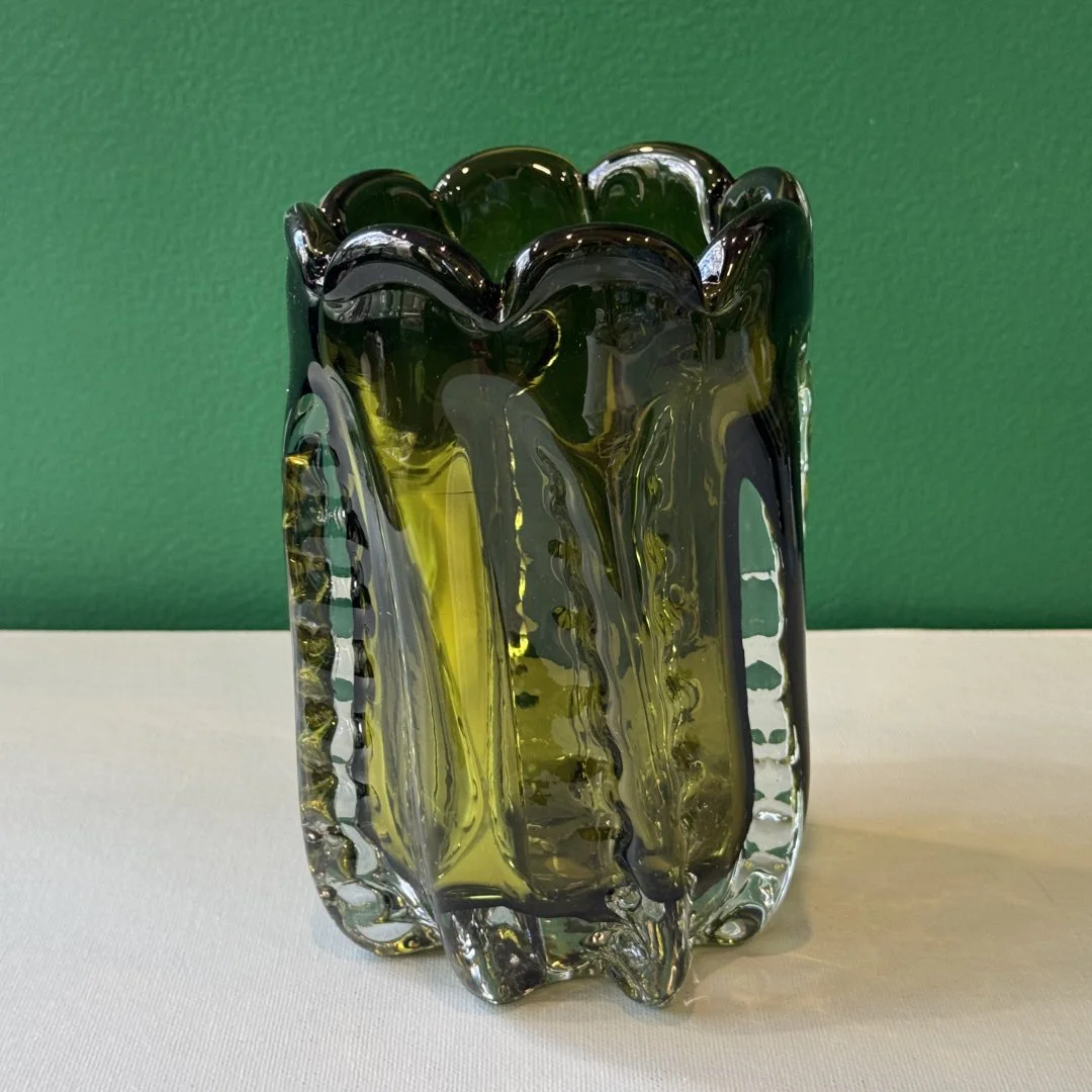 Handblown Glass Vase Ribbed Olive