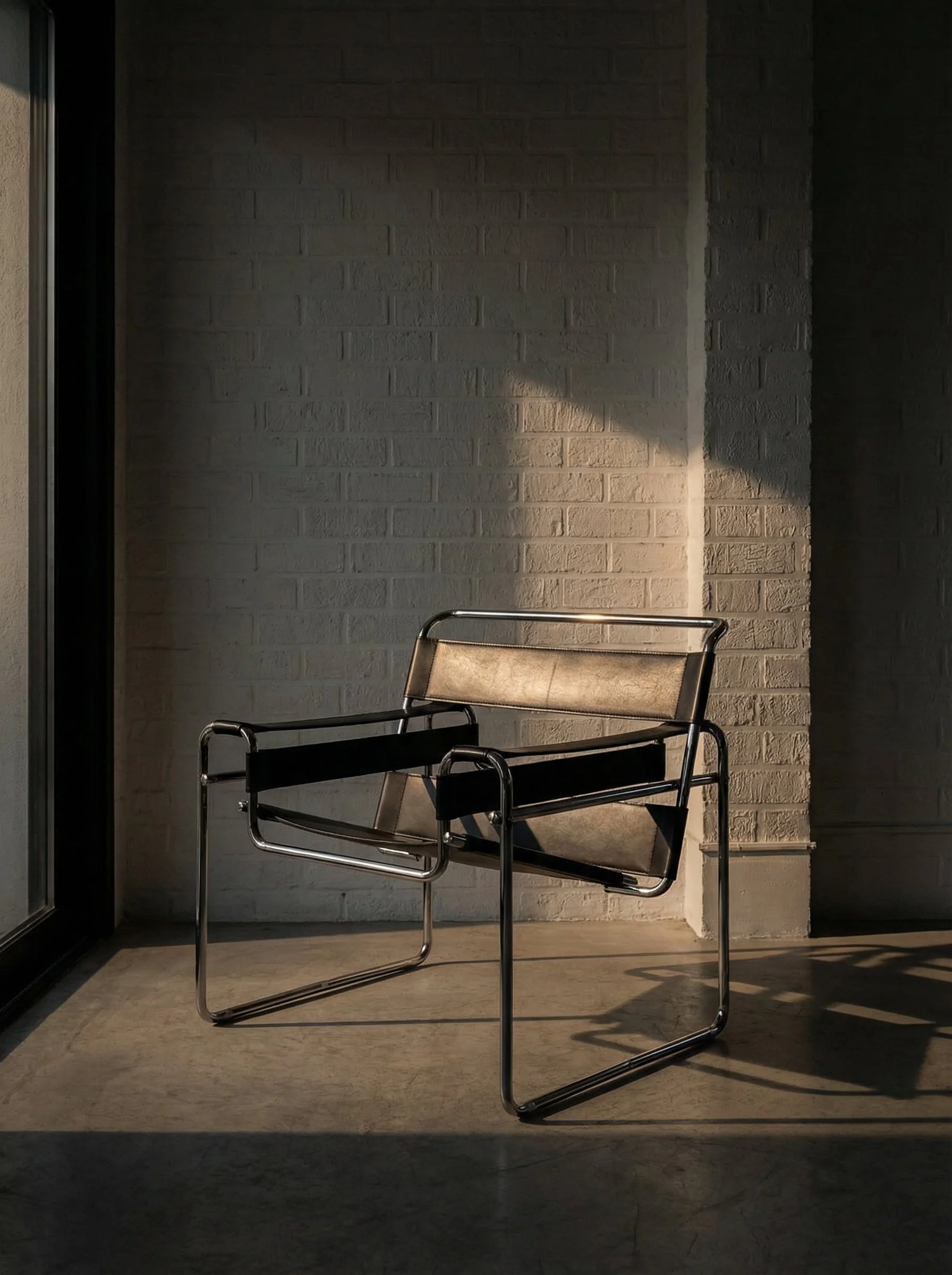 Empty modern chair with black seat and backrest, and metal frame, placed on smooth concrete floor near a light-colored brick wall, with sunlight casting shadows.